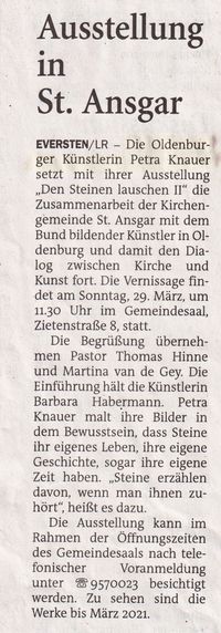 Ausstellung in St. Ansgar, NWZ Nordwest-Zeitung 12.03.2020 Nr.61
